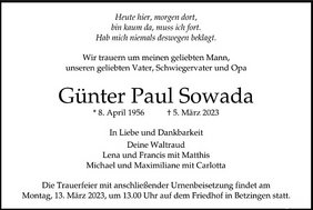 Todesanzeige Günther Sowada